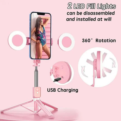 Selfie Stick Tripod with Light and Bluetooth Remote, 67" Extendable Mini Tripod Stand for iPhone Samsung Android, 6 in 1 Wireless Selfie Stick for TikTok YouTube Live Streaming(Pink) - color: Pink