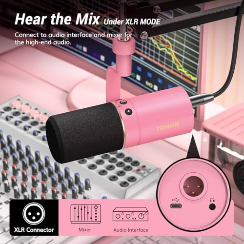 TONOR Dynamic Podcast Microphone, XLR/USB Mic for Recording, Streaming, XLR Cardioid Studio Mic with Quick Mute, 3.5mm Jack, Volume Control, 200 cm/78inch Cable, with Boom Arm, Pink, TD510+