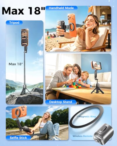 Mini Magnetic Selfie Stick Tripod for MagSafe, Pocket 4.8" Design, 4-in-1 | Zoom Control, Ergonomic Phone Grip, Detachable Multi-Function Bluetooth Remote and Up to 18" Extendable Selfie Stick