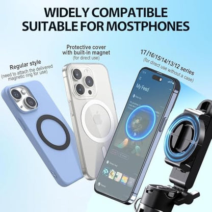 Magnetic Phone Tripod Stand, Portable Mini Selfie Stick for iPhone 16/15/14/13/12 & MagSafe, Aluminum Angle-Adjustable Foldable Strong Magnet Phone Holder, Travel Essentials, Included Metal Ring - color: Iron Black