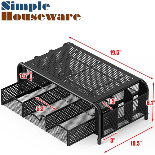 Simple Houseware Monitor Riser Stand with Pull-Out Drawer and Pen Holders, Black