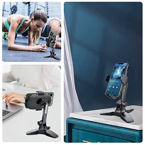 OQTIQ Cell Phone Stand for Desk with 360° Ball Head Swivel, Sturdy Heavy Duty Tripod Base, Thick Case Friendly, Home Office Desk Accessories Phone Stand for iPhone Android Phones