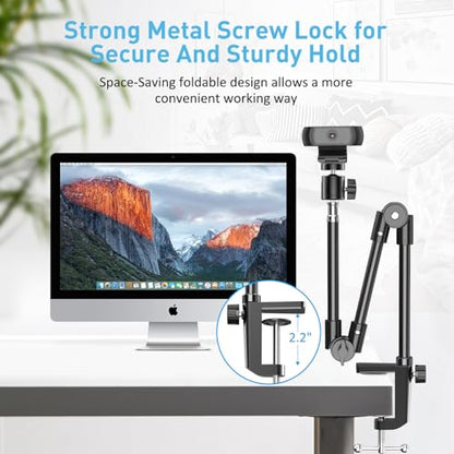 KDD Webcam Stand Camera Mount with Phone Holder, 22 Inch Foldable Flexible Gooseneck Cell Phone Clamp & Table Projector Mount, for Logitech C922 C930e C920S C920 C960 Brio 4K, Gopro Hero 8 7 6 5
