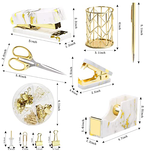 Gold Marble Desk Accessories, Office Supplies Set Stapler Set Staple Remover, Tape Holder, Pen Holder, 2 Ballpoint Pen, Scissor, Binder Clips, Paper Clips and 1000pcs Staples. - color: Marble Gold