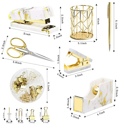 Gold Marble Desk Accessories, Office Supplies Set Stapler Set Staple Remover, Tape Holder, Pen Holder, 2 Ballpoint Pen, Scissor, Binder Clips, Paper Clips and 1000pcs Staples. - color: Marble Gold