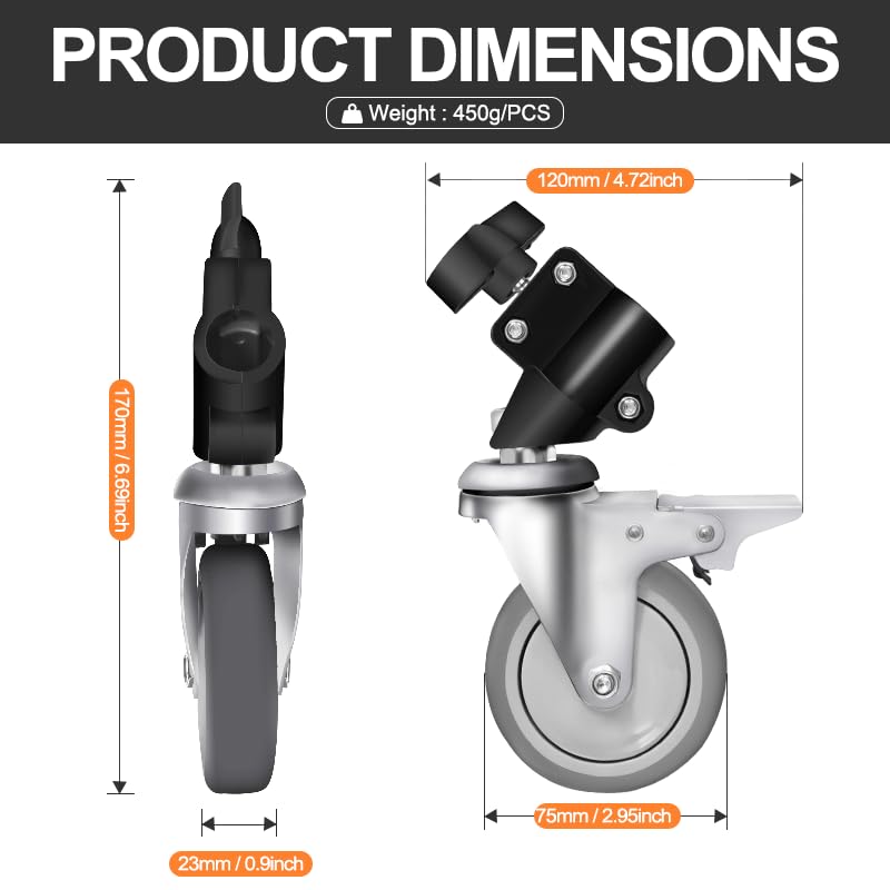 Wellmaking 3-Pack Professional Swivel Caster Light Stand Wheel Sets, Durable Metal Construction and Rubber Base, for Studio Photography Video Shooting