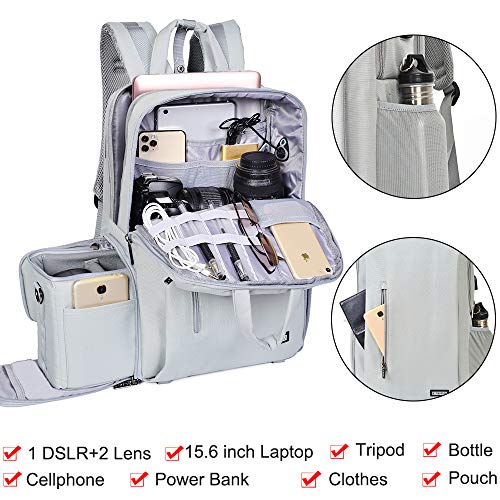 CADeN Camera Backpack w/ 15.6" Laptop Compartment, USB Charge Port, Tripod Holder, Rain Cover Compatible for Sony Canon Nikon - color: L5 Generation 3 Light Gray