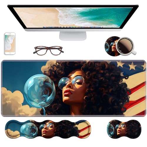 Ergonomic Keyboard Wrist Rest & Mouse Pad Wrist Rest Set, Large XXL Gaming Desk Mat 31.5"x 11.8" with Non-Slip Base, Memory Foam, Easy Typing Pain Relief for Home & Office, African American Girl - color: African American Girl