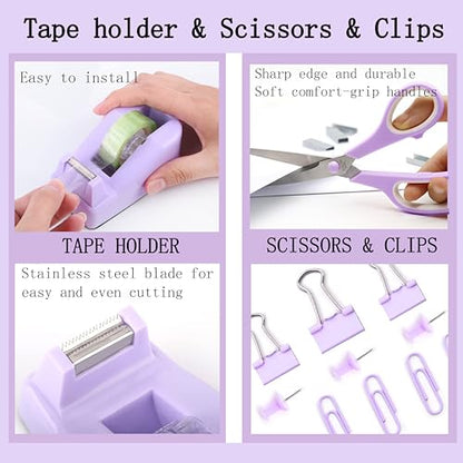 Dimonluce Purple Desk Accessories, Purple Office Supplies Accessories with Tape Dispenser, Stapler, Staple Remover, 1000 Staples, Tape, Clips Set, Ruler, Scissor, Pen - color: Purple