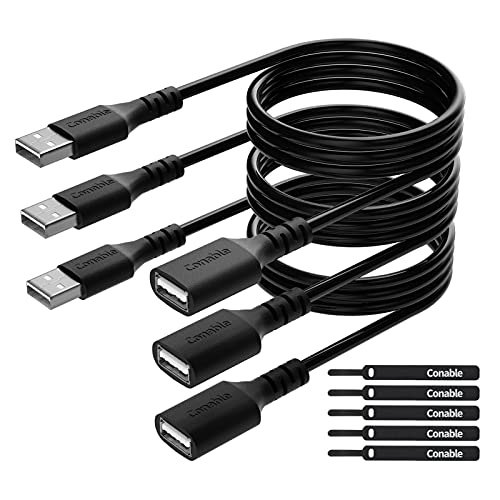 3 Pack USB Extension Cable 6 FT, USB 2.0 Type A Male to Female Extender Cord Adapter, Compatible with Printer, Keyboard, Mouse, Flash Drive, Hard Drive, Controller, Black Cable with 5 Cable Ties - size: 6FT (3 Pack)