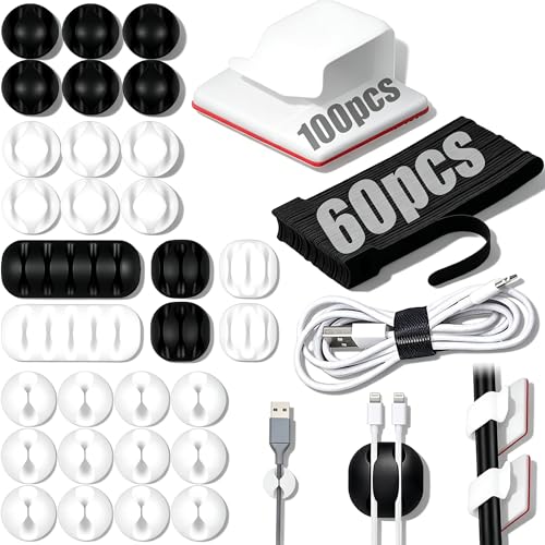 190-Piece Cable Management Kit, 100 R-Type Clips 60 Reusable Cable Ties 30 Multi-Slot Wire Holders, Self-Adhesive Cord Organizer for Desk, Under Desk, Nightstand, Gaming Setup, Office & Home