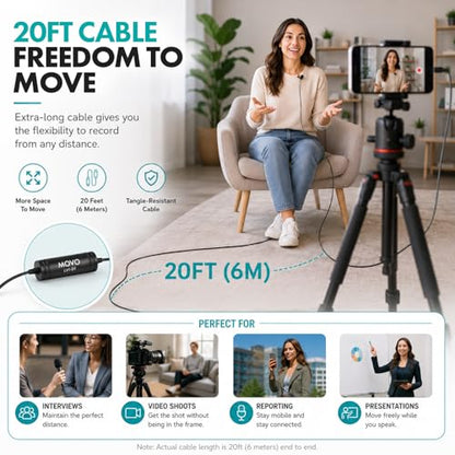 Movo LV1-DI Lavalier Microphone for iPhone & iPad – MFi Certified Lightning Clip-On Mic – 20ft Cable – for YouTube, TikTok, Podcasts, Interviews & Vlogging