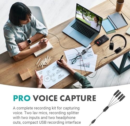 Movo VersaLav-V2 Lavalier Microphone Set for Smartphones, Computer, DSLR or Mirrorless Camera with Two Lapel Microphones, Splitter, Extension Cord, Clip-on Lav Mics for Video, Podcast, Vlog, Interview