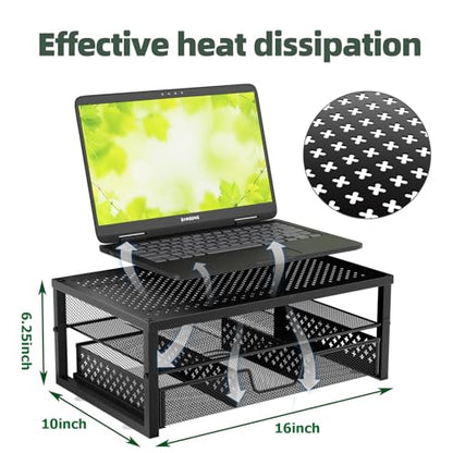 Simple Trending Metal Monitor Stand Riser and Computer Desk Organizer with Drawer for Laptop, Computer, iMac, Black