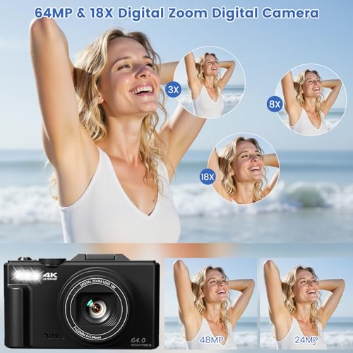 4K Digital Camera for Photography, 64MP HD WiFi Vlogging Camera for YouTube with 3" 180°Flip Screen, 18X Digital Zoom,Autofocus Compact Camera with Flash,32GB TF Card & 2 Batteries(Black) - color: Black