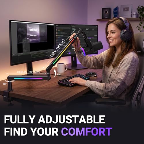 FIFINE Microphone Boom Arm with Controllable RGB, Adjustable Low Profile Mic Stand with Desk Mount Clamp,Cable Management, Screw Adapter for Gaming, Podcast, Streaming, Studio-BM88Pro - color: black