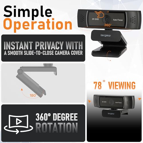 Sentinel 2K Webcam for PC with Microphone, Touch Control, Autofocus, Privacy Shutter & 360° Adjustable | Camera for Computer, Laptop & Mac | USB Video Streaming for Zoom/Skype/Google Meet/Team