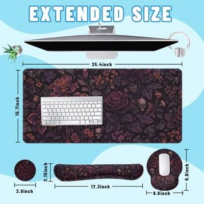 Dark Floral Desk Mat Set Gothic Skull Rose Large Mouse Pad with Wrist Rest 4in1 Desk Mat for Desktop Ergonomic Computer Desk Arm Wrist Anti-Slip Computer Ergonomic Mouse Pad Home Office Gaming - color: Dark Floral