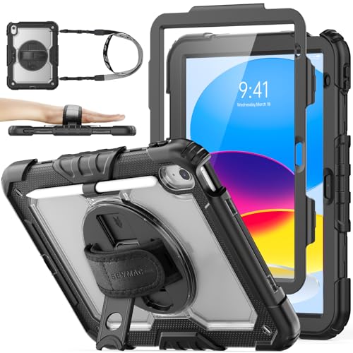 SEYMAC stock Case for iPad (A16) 11th/10th Generation 11''/10.9'' 2025/2022, Full-Body Drop Protection Case with Screen Protector &360° Rotate Hand Strap/Stand, Transparent+Black - color: Transparent+Black, size: Case for iPad (A16) 11th/10th Generation 1