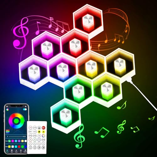 10 Pack Hexagon Lights Wall RGBW Panel - Hexagonal Led Lights Room Decor Wall Lights，with Smart APP Music Sync Honeycomb Shape Panels Hexagon for Gaming Lights Bedroom Children Decor - color: Multicolor