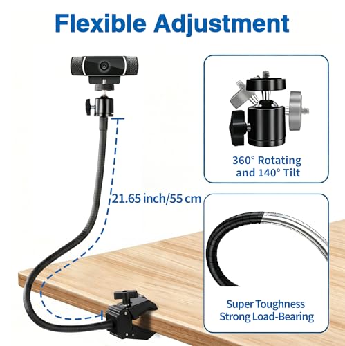Webcam Stand Mount, Flexible Gooseneck Webcam Arm Stand with Desk Camera Mount Clip Clamp for Logitech C922 C930e C920S C920 C615 C960 C920x Brio 4K NexiGo N60 and More