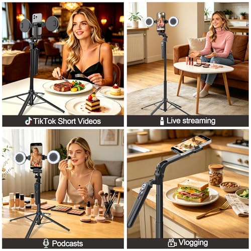 Tripod for iPhone with Light and Remote, Wireless Microphones, 71" Auto Face Tracking Phone Stand for Video Recording, Content Creator Essentials Vlogging Kit for YouTube, TikTok, Live Streaming