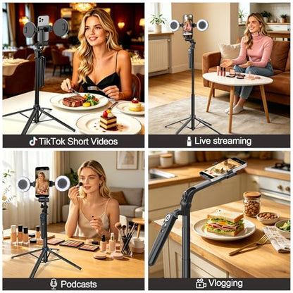 Tripod for iPhone with Light and Remote, Wireless Microphones, 71" Auto Face Tracking Phone Stand for Video Recording, Content Creator Essentials Vlogging Kit for YouTube, TikTok, Live Streaming