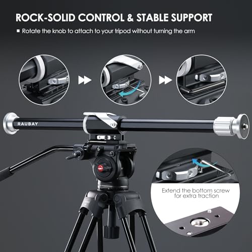 RAUBAY Tripod Extension Arm, Fixed Horizontal Boom Arm for Overhead & Top-Down Photography, Heavy-Duty Aluminum, 1/4" & 3/8" Mount, 26"–40" Adjustable for Camera, Light & Mic TE01