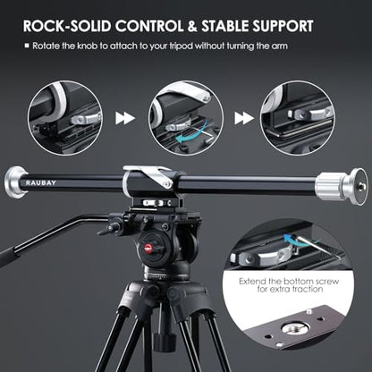 RAUBAY Tripod Extension Arm, Fixed Horizontal Boom Arm for Overhead & Top-Down Photography, Heavy-Duty Aluminum, 1/4" & 3/8" Mount, 26"–40" Adjustable for Camera, Light & Mic TE01