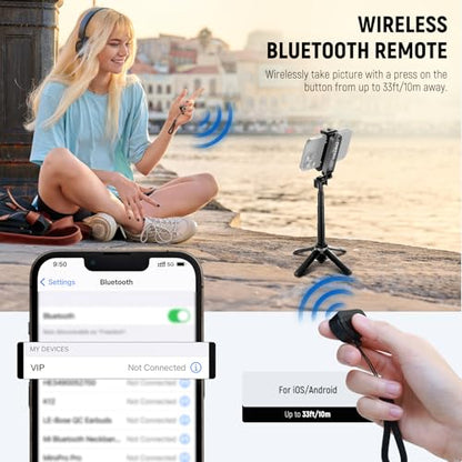 NEEWER Selfie Stick with Detachable Bluetooth Remote Shutter, Lightweight Foldable Travel Tripod for iPhone for YouTube/TikTok Vlogs Live Streaming Photography, Black, P15