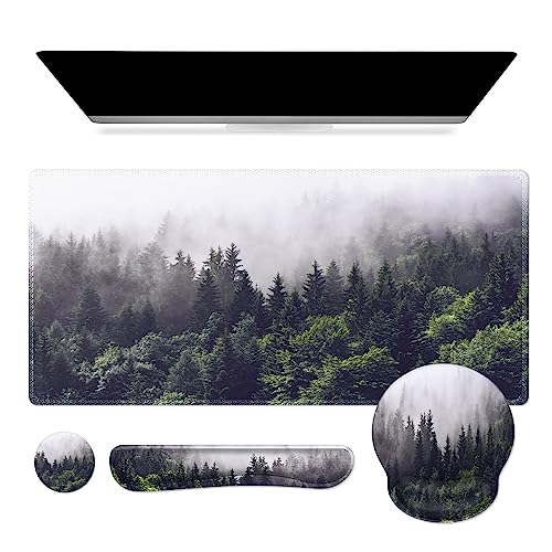 iCasso Desk Mat, Gaming Mouse Pad Wrist Support Set,4in1 XXL Large Mousepad + Keyboard Wrist Rest+Mouse Wrist Rest+Coaster Set with Ergonomic Design for Home Office Table Computer-Forest - color: Forest