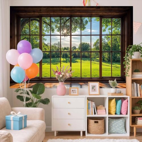 5X3ft Green Forest Natural Window Backdrop Business Office Video Conference Background Screen for Video Conferencing Photography Studio Background Props Holiday Party Birthday Party - size: 5x3FT