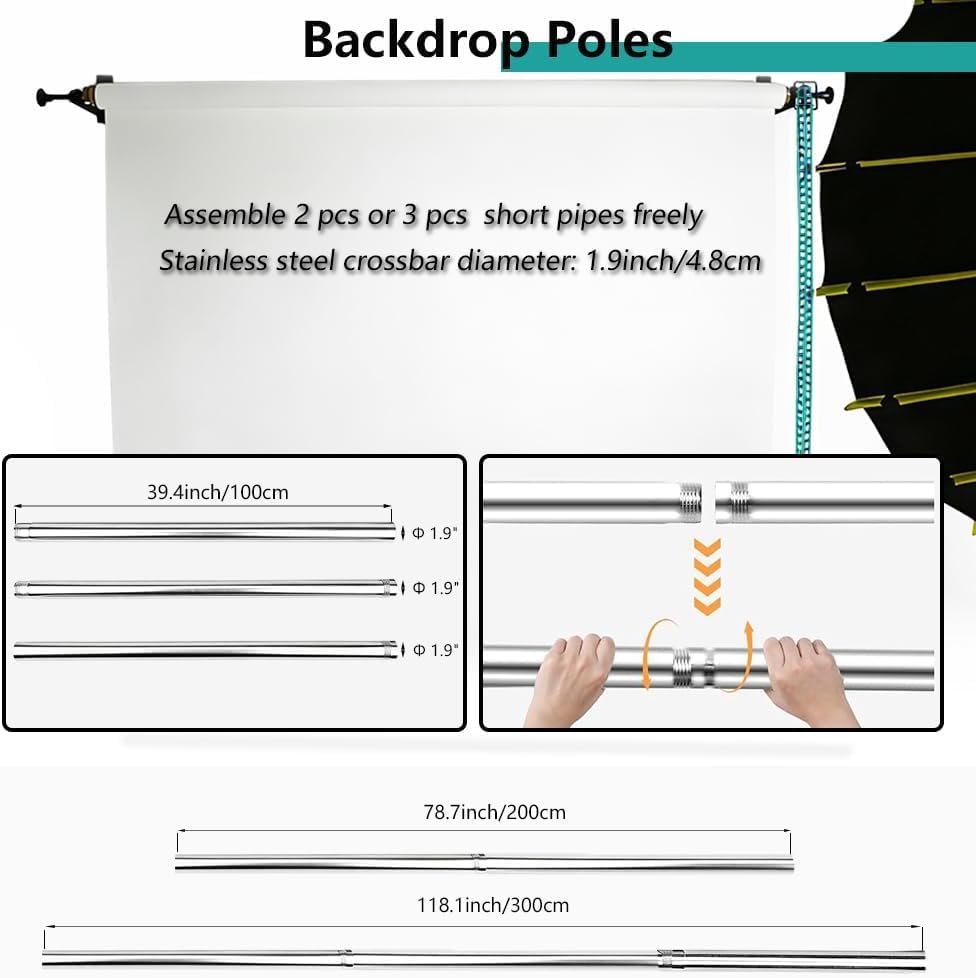 MagicLine Photography Backdrop 1 Roller Support System, 10ft/3m Stainless Steel Crossbars Manual Backdrop Stand,Wall/Ceiling/Light Stand Mount Background Holder for Home & Studio (Stability)