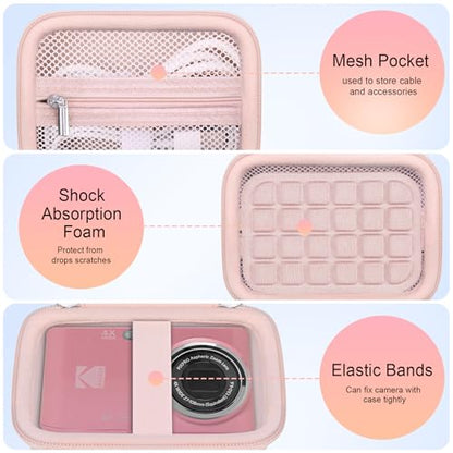 Elonbo Camera Carrying Case for KODAK PIXPRO FZ55 / FZ53 / FZ45 / FZ43 16MP Digital Camera, Vlogging Camera Storage Holder Travel Bag, Mesh Bag Fits Batteries, Cable, Memory Card, Card Reader, Pink - color: Pink