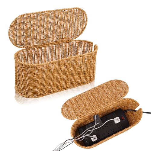 Cable Management Box, Handmade Rattan Cable Organizer, 2 Open Slots Cords Hider Box, Under Desk Cord Organizer for Computer Router USB Hub & Power Strip, 15.9" x 6.5" x 6.5", Natural - color: Natural