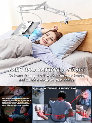 CACENCAN Gooseneck Phone Holder for Bed Desk, Tablet Stand Adjustable, Kindle iPad Holder for Phone Tablet Holder Mount fits iPhone Kindle 4-13" Device Valenties Day Gifts for Women (White) - color: White