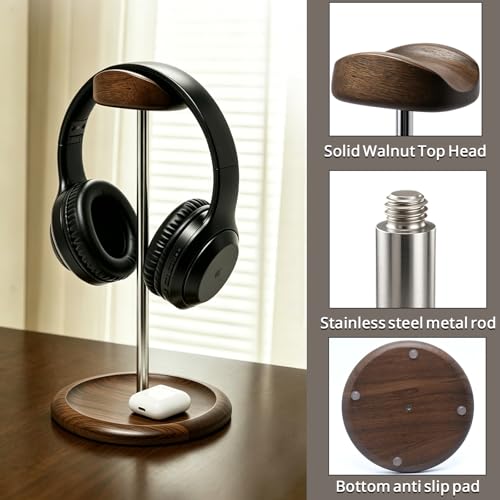 Headset Stand for Desk, Walnut Wood ＆ Stainless Steel Universal Wooden Headphone Holder with Storage Base, Gaming Equipment Accessories, Desk Organizer, Gifts for Gamers Men Boyfriend