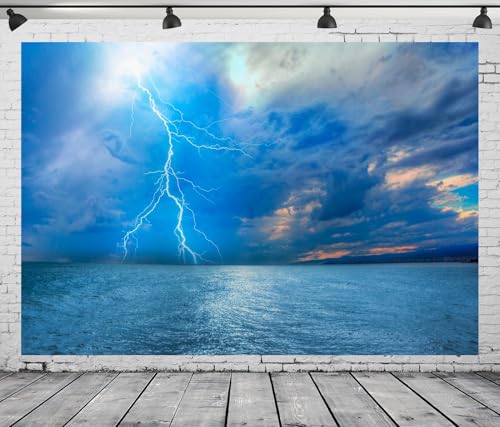 Lightning Strike Backdrop Fabric 8x6ft Dark Clouds Blue Sky Sea Ocean Thunder-Storm Background for Bad Weather Disaster Party Decorations Adults Halloween Themed Photoshoot Props - size: 8x6FT