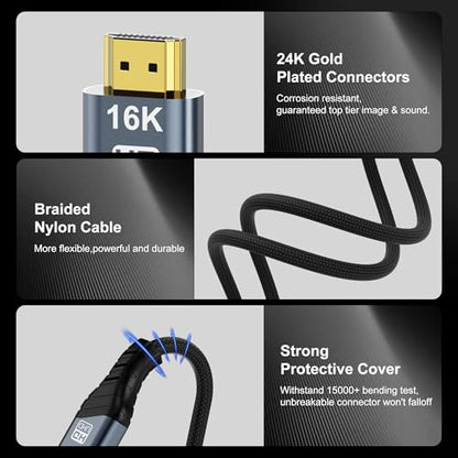 16K HDMI 2.2 Cable 2M 8K 10K 6.6FT High Speed 96Gbps 12Bit 16K@60Hz 8K@240Hz 4K@480Hz Braided Gold Plated UHD HDR Support HDCP 3D HDMI Connection Compatible with PS5 Monitor TV - size: 2m 6.6ft
