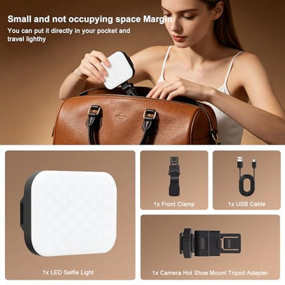Selfie Light, 60 LED Rechargeable Video Lighting, Portable Video Conference Light w Clip & Camera Hot Shoe Mount Adapter, 2200mAh Battery CRI97+, Clip-On Fill Lights for Phone Webcam Laptop Camera