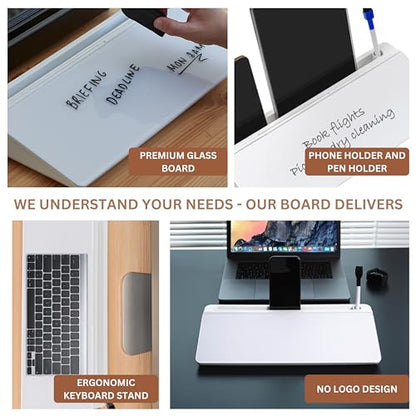 GAROOD Desktop Whiteboard with Storage Desk White Board Desk Board Glass White Board with Stand Home Office Organizer Phone Holder 15.8X7X2 inches - color: White