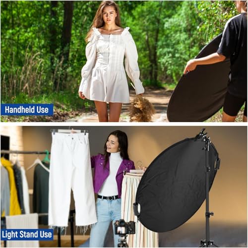 NEEWER 43"/110cm Light Reflector with Clamp & Hand Grips, 5 In 1 Collapsible Multi Disc Photography Reflector Translucent/Silver/Gold/White/Black with 3/8" Thread for Studio Outdoor Lighting, RF-110II - style: 110cm w/Clamp