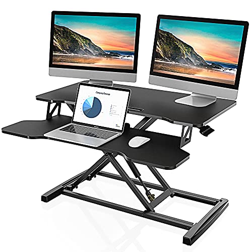 FITUEYES Height Adjustable Standing Desk 32” Wide Sit to Stand Converter Stand Up Desk Tabletop Workstation for Dual Monitor Riser FSD308001WB - color: Black
