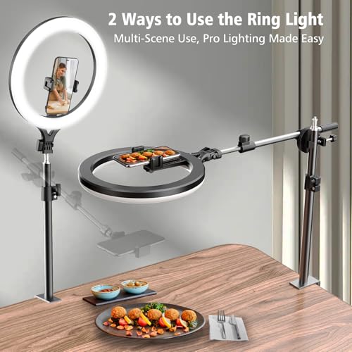 Ring Light with Stand and Phone Holder, Overhead Phone Mount, Phone Stand for Recording, 11” Circle LED Ring Light for Desk with Clamp for Live Streaming, Video Recording, Meeting, TikTok, YouTube