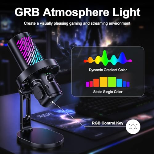 tenlamp RGB USB Gaming Microphone for PC, Streaming & Podcast, Cardioid Condenser Mic with Noise Reduction, Touch Mute, Headphone Monitoring, Gain Control, Plug & Play for Mac Phone