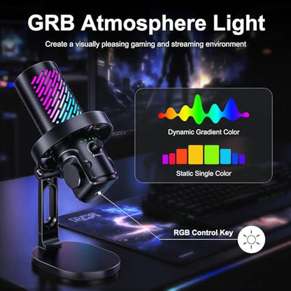 tenlamp RGB USB Gaming Microphone for PC, Streaming & Podcast, Cardioid Condenser Mic with Noise Reduction, Touch Mute, Headphone Monitoring, Gain Control, Plug & Play for Mac Phone