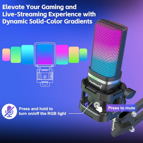 ZealSound Microphone for PC, USB Condenser Gaming Mic with Noise Reduction, Gain Control, Mute, Zero-Latency Monitoring, RGB Lighting, Boom Arm & Tripod Stand for Mac iPhone Android Podcasting TikTok - color: Black