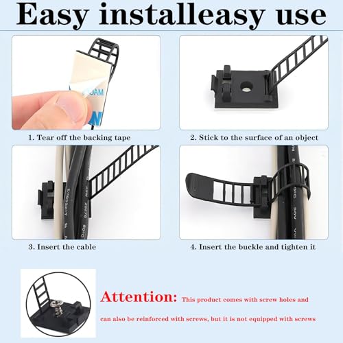 Adjustable Adhesive Cable Management Clips 50Pcs, Large self Adhesive Cable Ties Clips ，Suitable for Cable Management Under desks and on Walls (White) - color: White