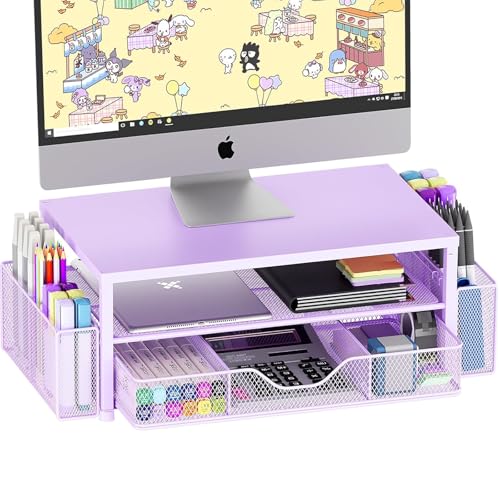 OPNICE Desk Organizers and Accessories, 2-Tier Computer Monitor Stand Riser with Drawer and 2 Pen Holders, Laptop Stand, Office Desk Accessories & Office Decor for Women, Purple - color: Purple 1-Pack, size: Single