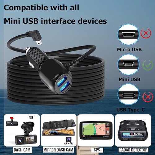 MAYWILLA Car Dash Cam Charger Cable,Mini USB Dash Cam Power Cord with Dual USB Port Vehicle Charging Cable for 12V-24V Various Models of Car DVR, GPS Navigator, Early Warning (11.5FT)